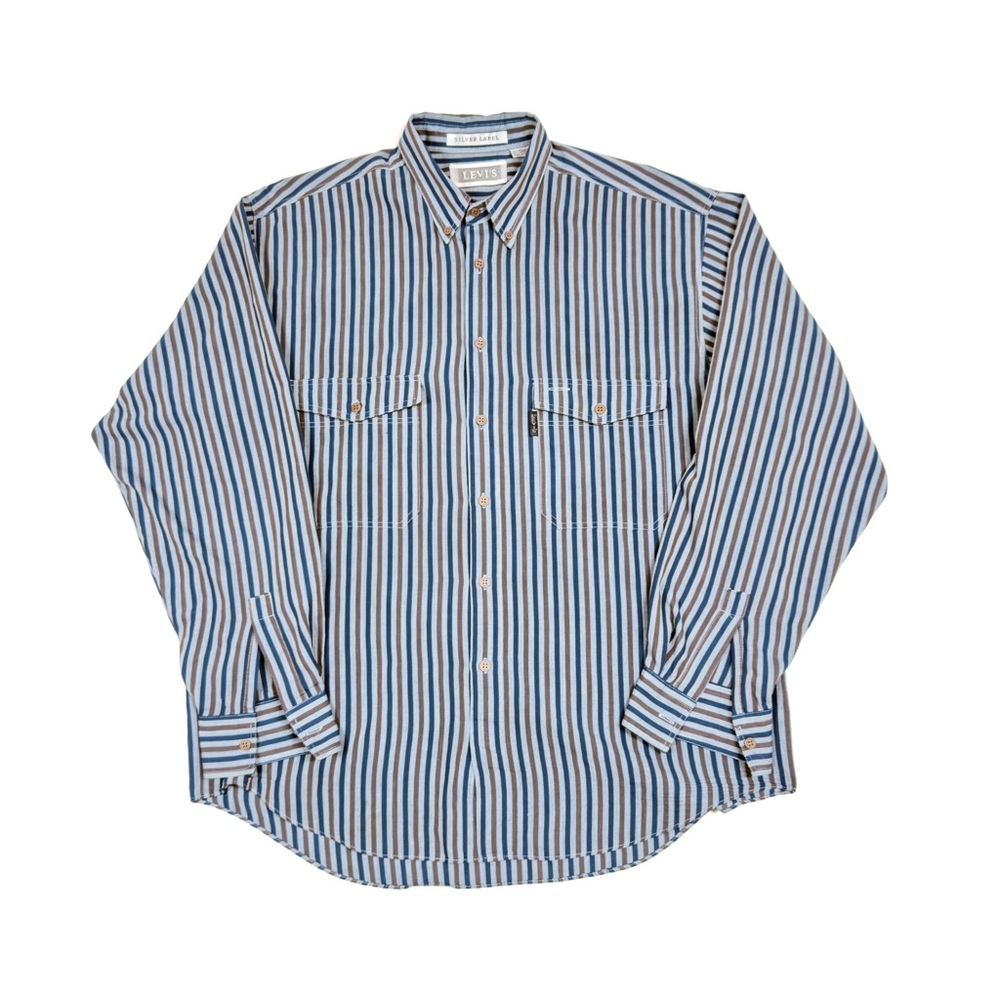 Vtg Levis Shirt Men’s L - Big E Silver Label Blue Tab Stripe Blue Gray